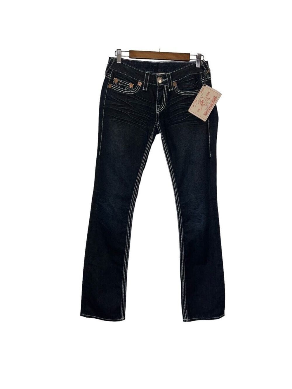 NWT True Religion Womens Johnny Big T Dark Wash Big Stitch Straight Leg Jeans 27 - Picture 2 of 13